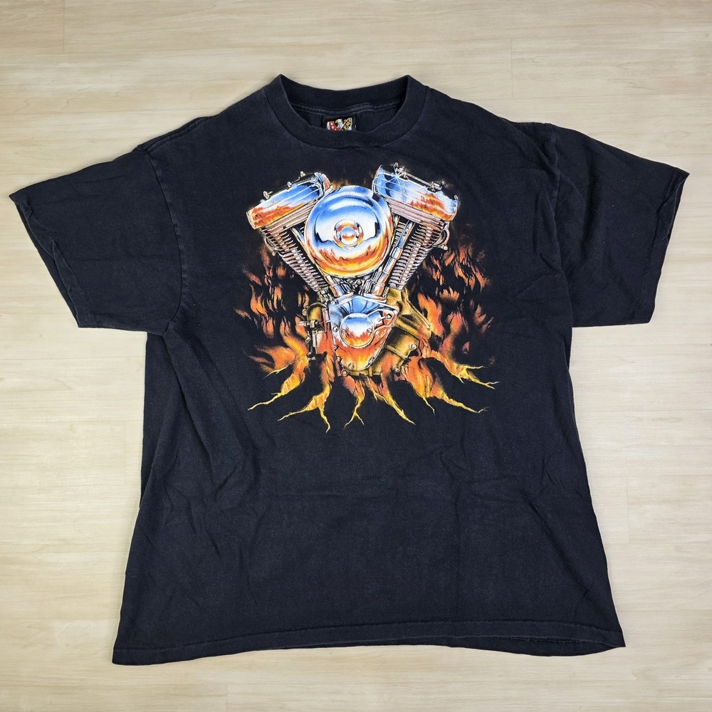 Vintage 3D Emblem Shirt Medium Black‎ Motorcycle V Twin Engine Flames USA 90s